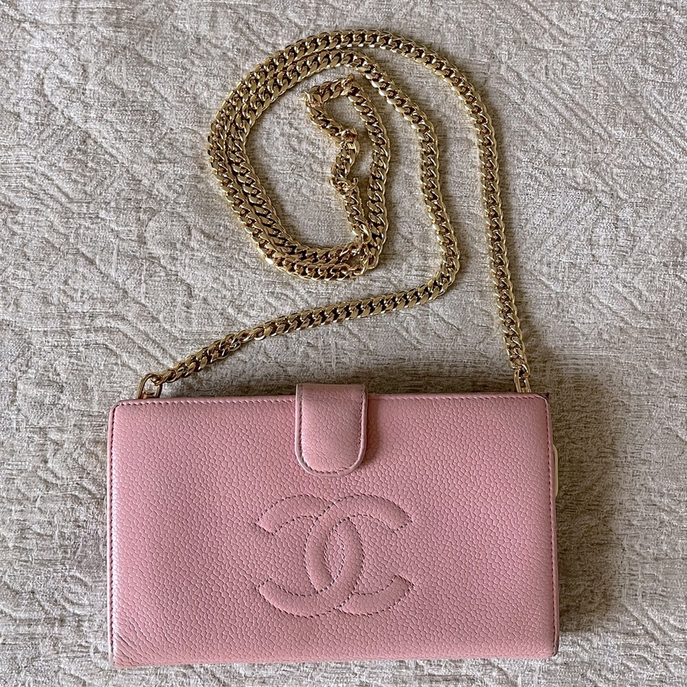 Chanel pink caviar lamb skin wallet on a chain